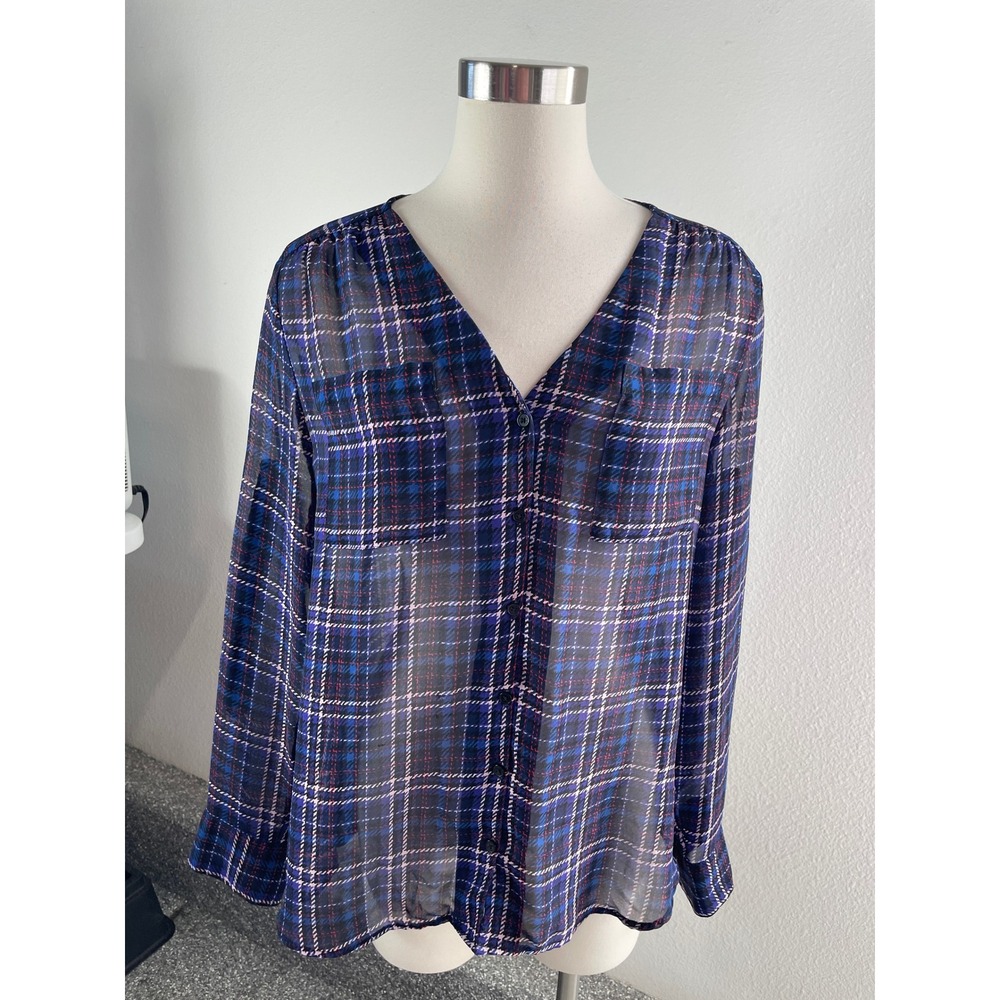 Express Portofino Shirt Womens Large Blue Red Plaid Long Sleeve Button Up Blouse